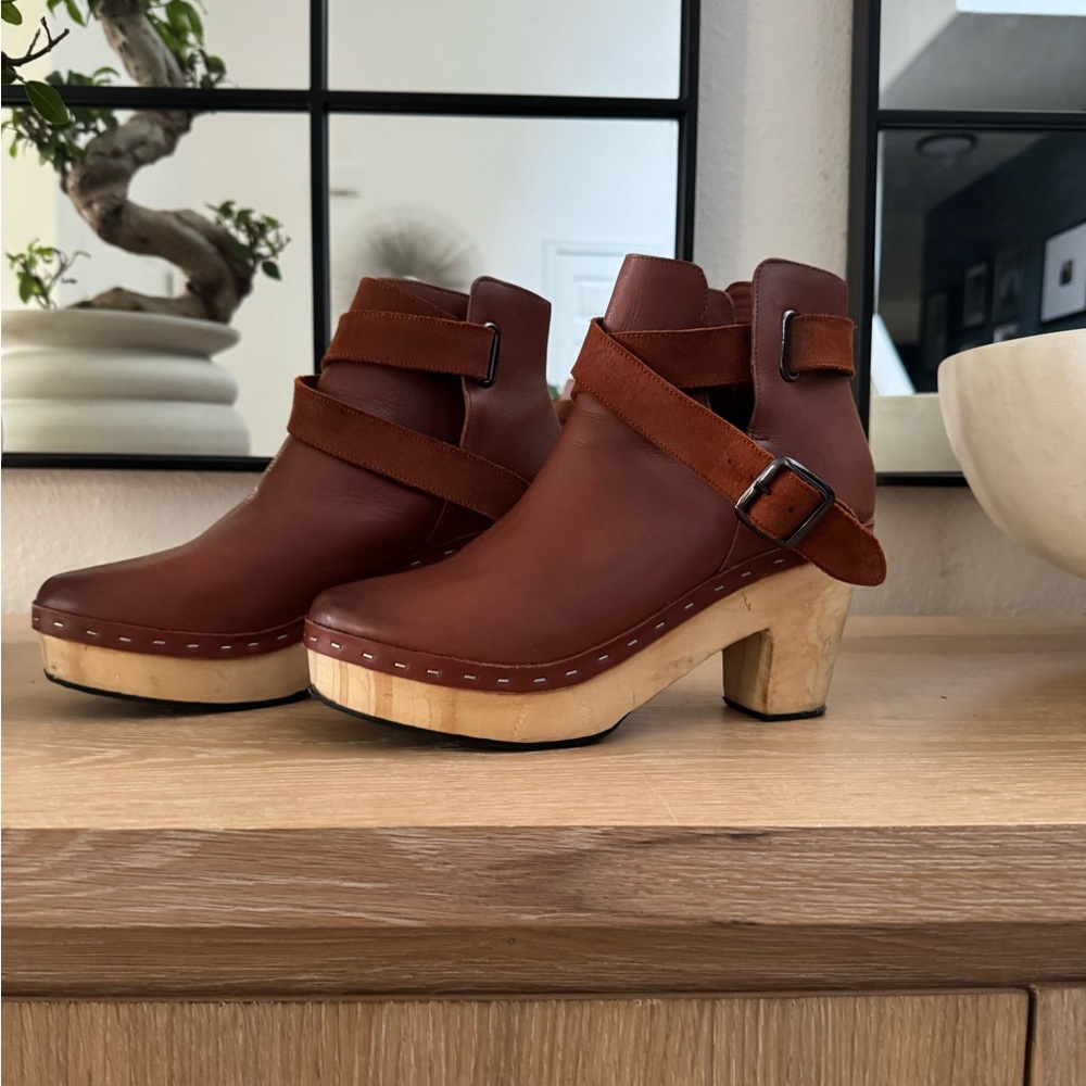 Free People Cognac Leather  Wooden Clog Boots